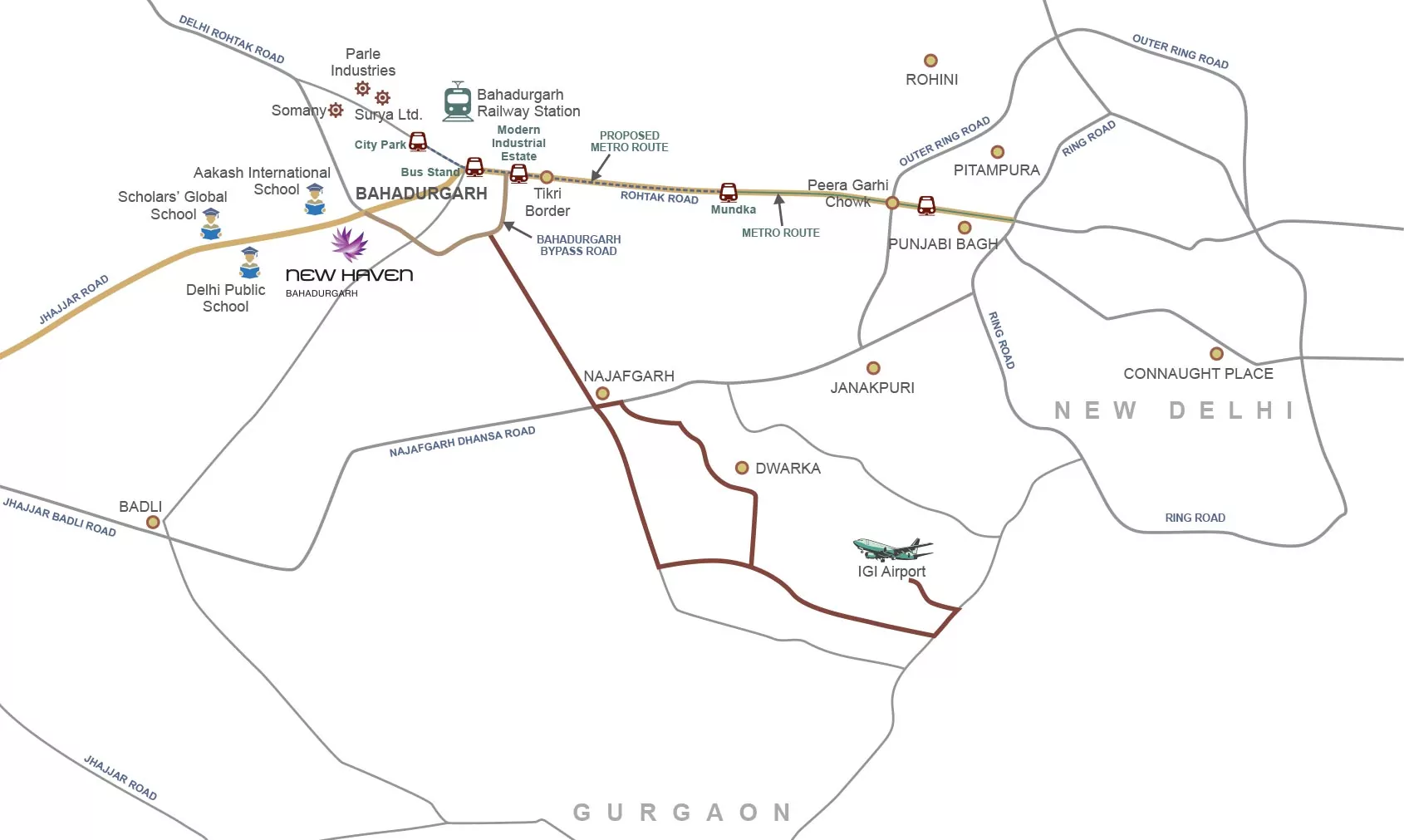 Tata New Haven Location Map Location map of Tata New Haven Bahadurgarh with routes to New Delhi, IGI Airport and Gurgaon